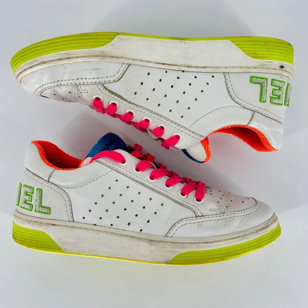 Chanel Calfskin Logo Low Top Sneakers White Neon Women Size 39 Leather Colorful